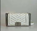 Pre-Owned Chanel LeBoy Bag Sz Small White Pearl Chevron